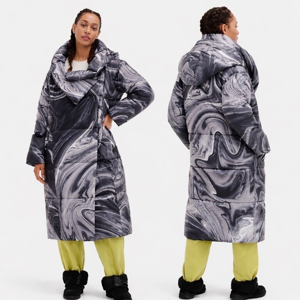NWT UGG Catherina Black White Marble Puffer Coat Waterproof Size Medium